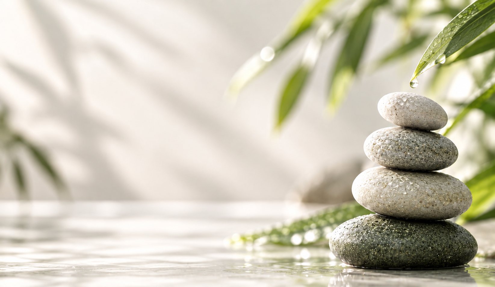 Pale stacked river stones on a wet marble surface in soft daylight, leaves above