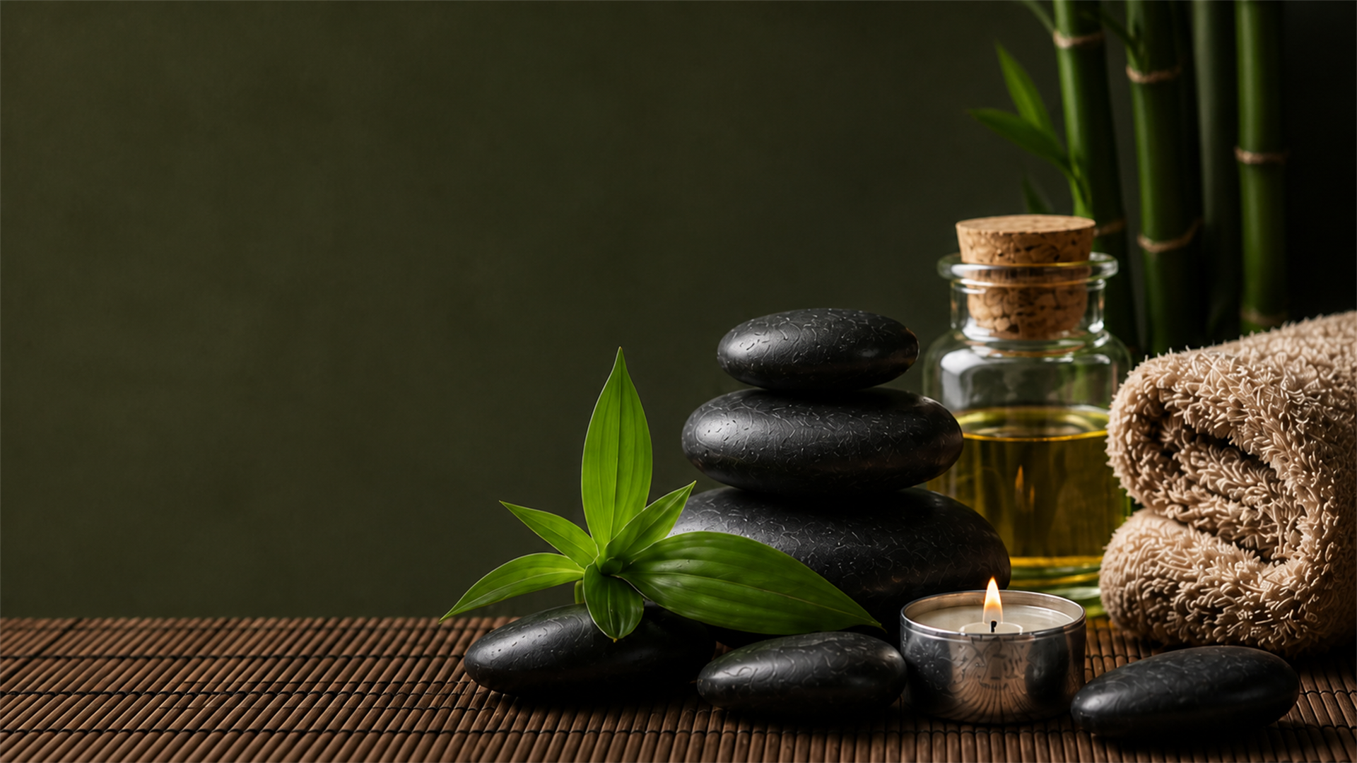 Spa still-life with stacked basalt stones, massage oil, a rolled towel and a lit candle